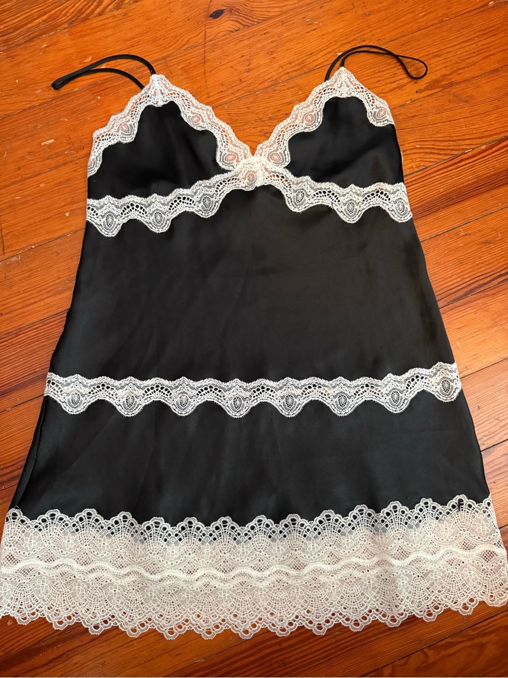 Victoria's Secret Black Satin Chemise with Cream Lace Trim